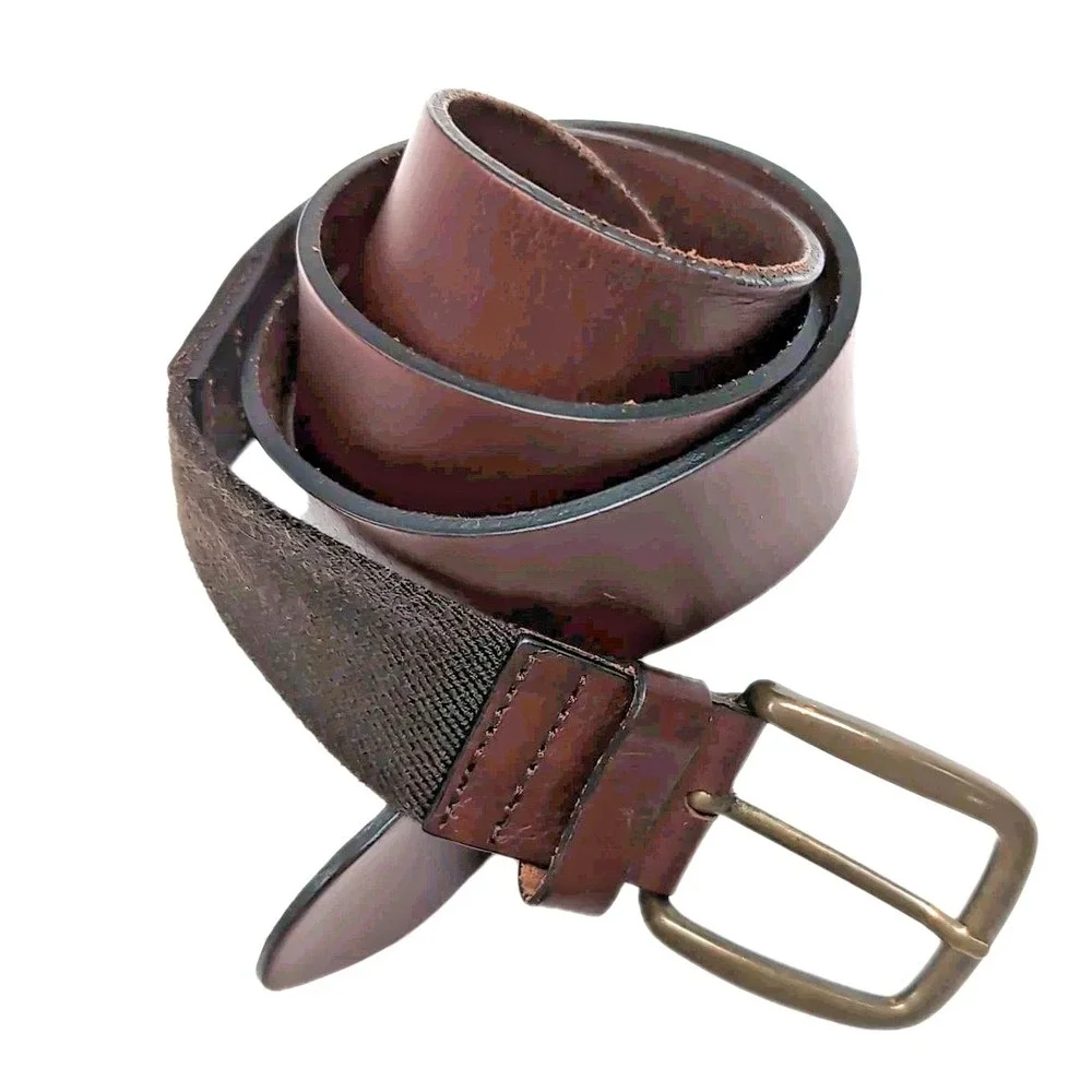 LL Bean Belt Mens 40 Brown Full Grain Leather Brass Buckle Stretch Insert 509490